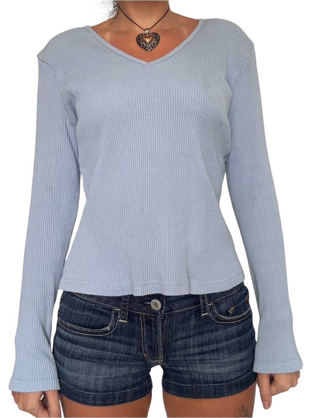 Y2K Light Blue Ribbed V-Neck Long Sleeve Top